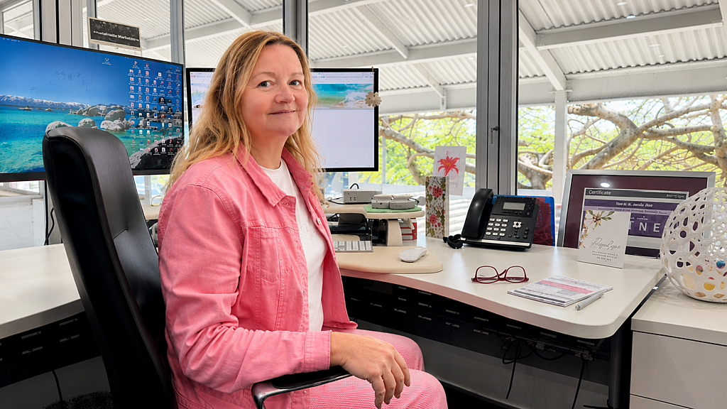 Maria Anderson in her office at Sustainable Marketing Services