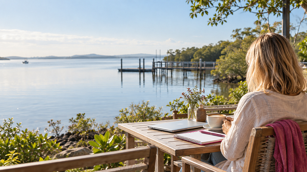 Business owner at a laptop with a coastal view, thinking about marketing in a downturn