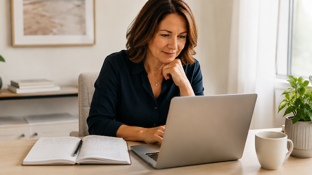 A business owner reviewing written content on a laptop, with handwritten notes beside her.
