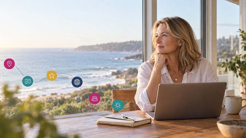 Business owner at a laptop with a coastal view, thinking about marketing in a downturn