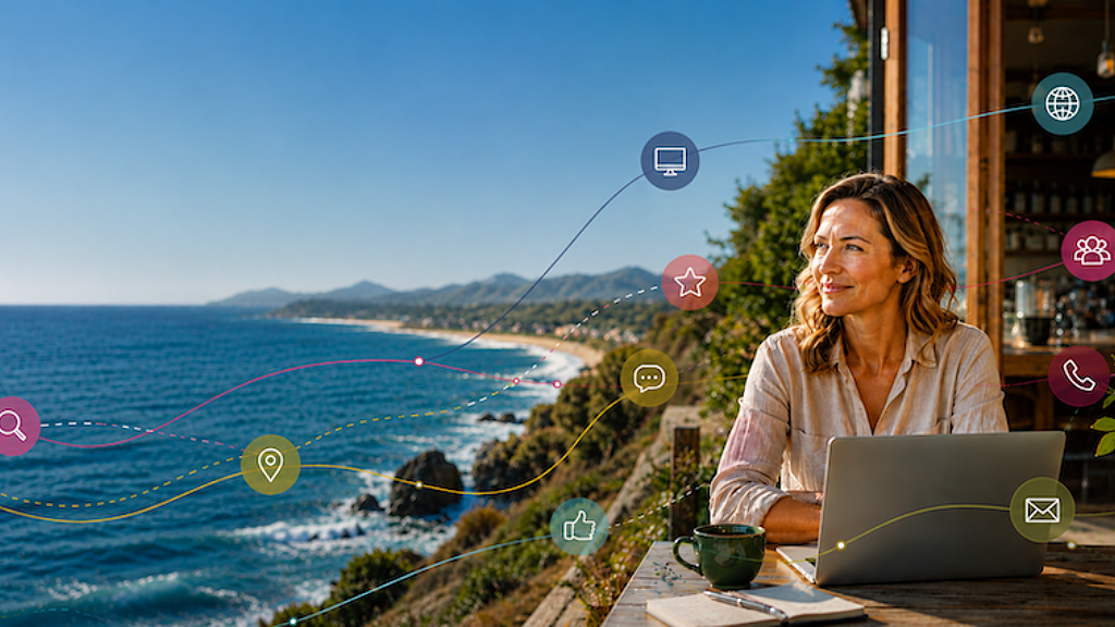 Customer pathways connecting search, AI, websites, reviews, social media and direct contact.