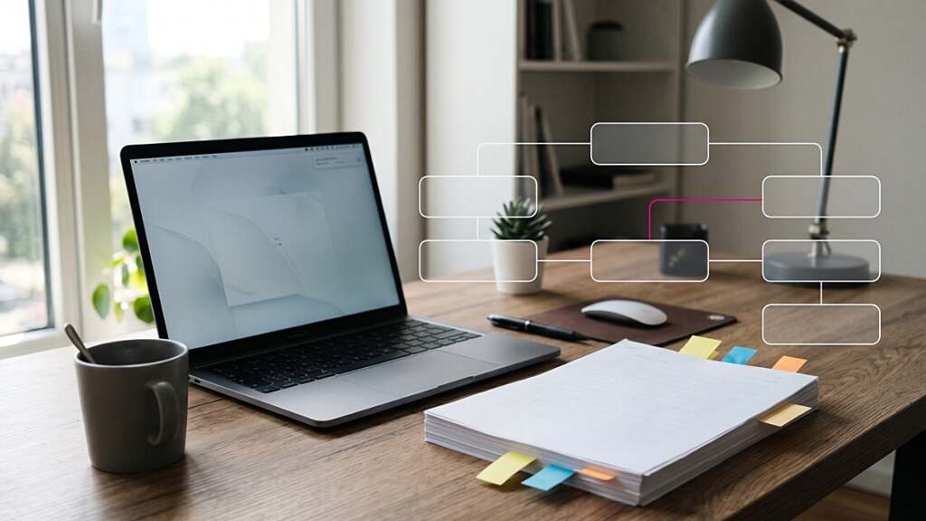 Laptop and notebook on a desk representing AI-assisted marketing work